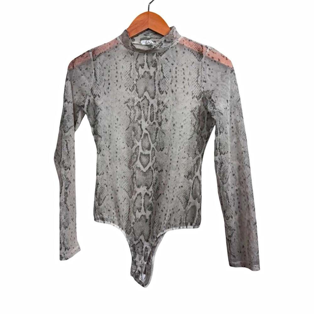 Lelis Womens Sheer Snakeskin Long Sleeve Animal Skin Neck Stretch Bodysuit S